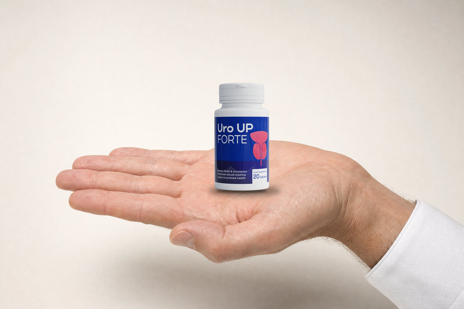 Hand mit der Packung Uro UP Forte, Nahrungsergänzung für die Prostata aus italienischer Herstellung